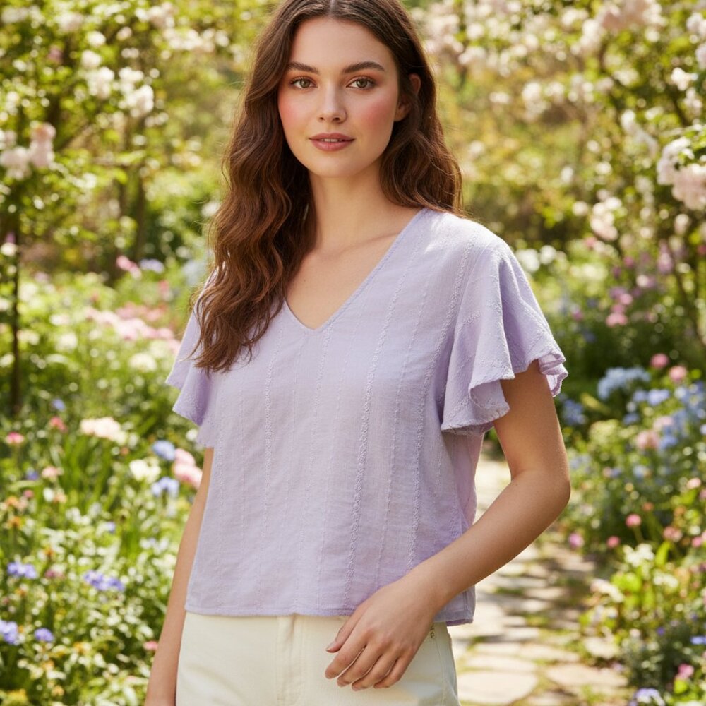 Universal Thread M Women's Top Lavender Flutter Eyelet Coquette Boho Pastel